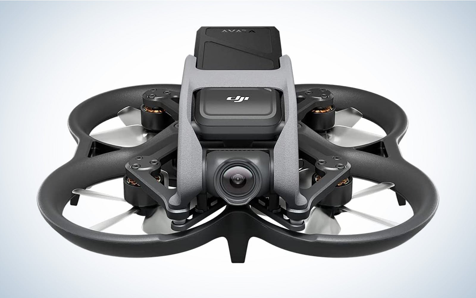 The DJI avata drone by itself with the camera facing forward on a plain background