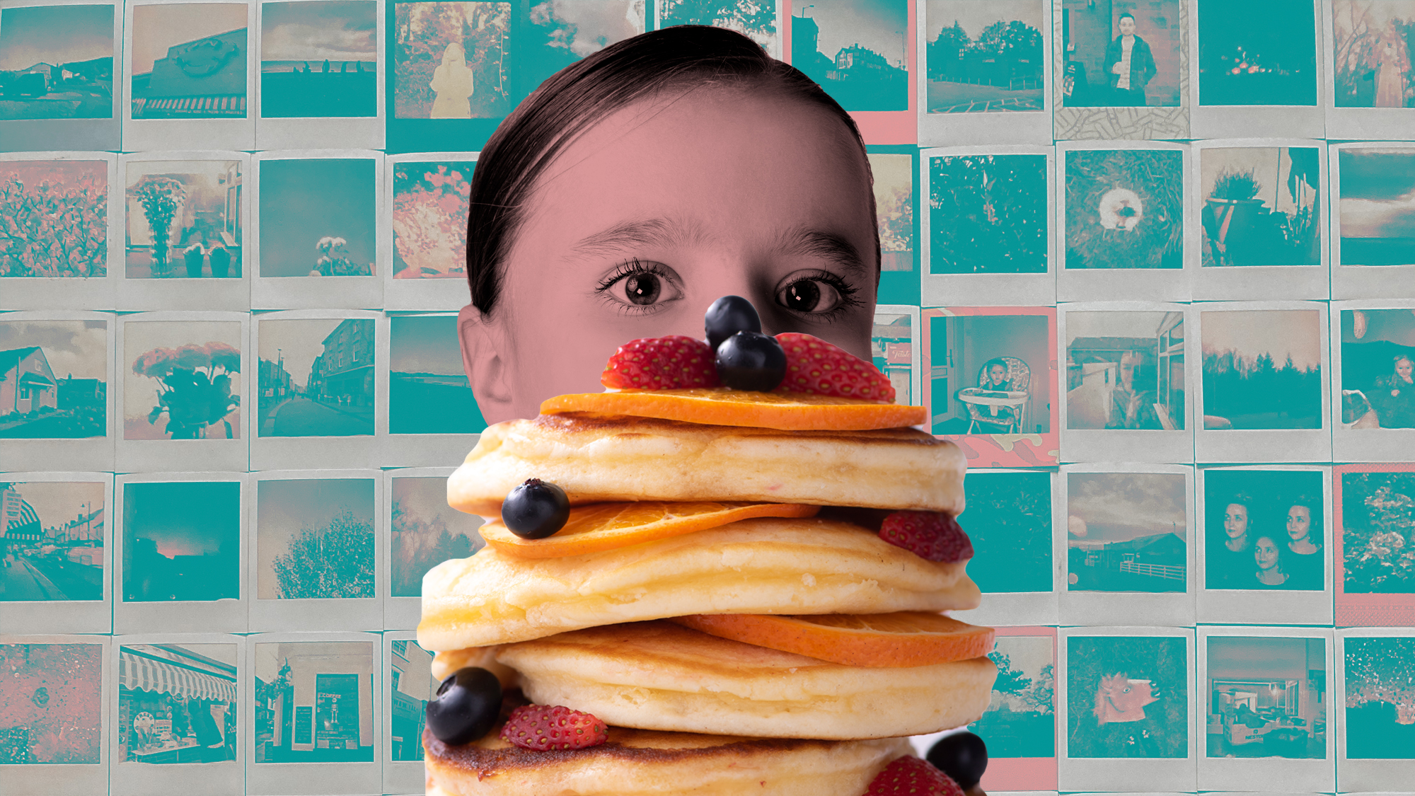 A young child hiding behind a stack of pancakes with syrup and fruit on a background of old polaroids