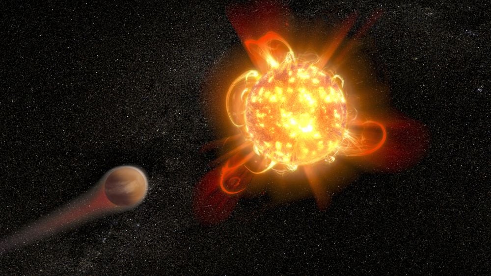 Red dwarf star blasting a nearby planet with hot gas. Illustration.
