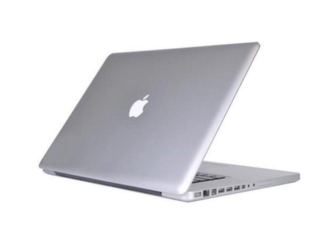 An silver Apple MacBook on a white background.