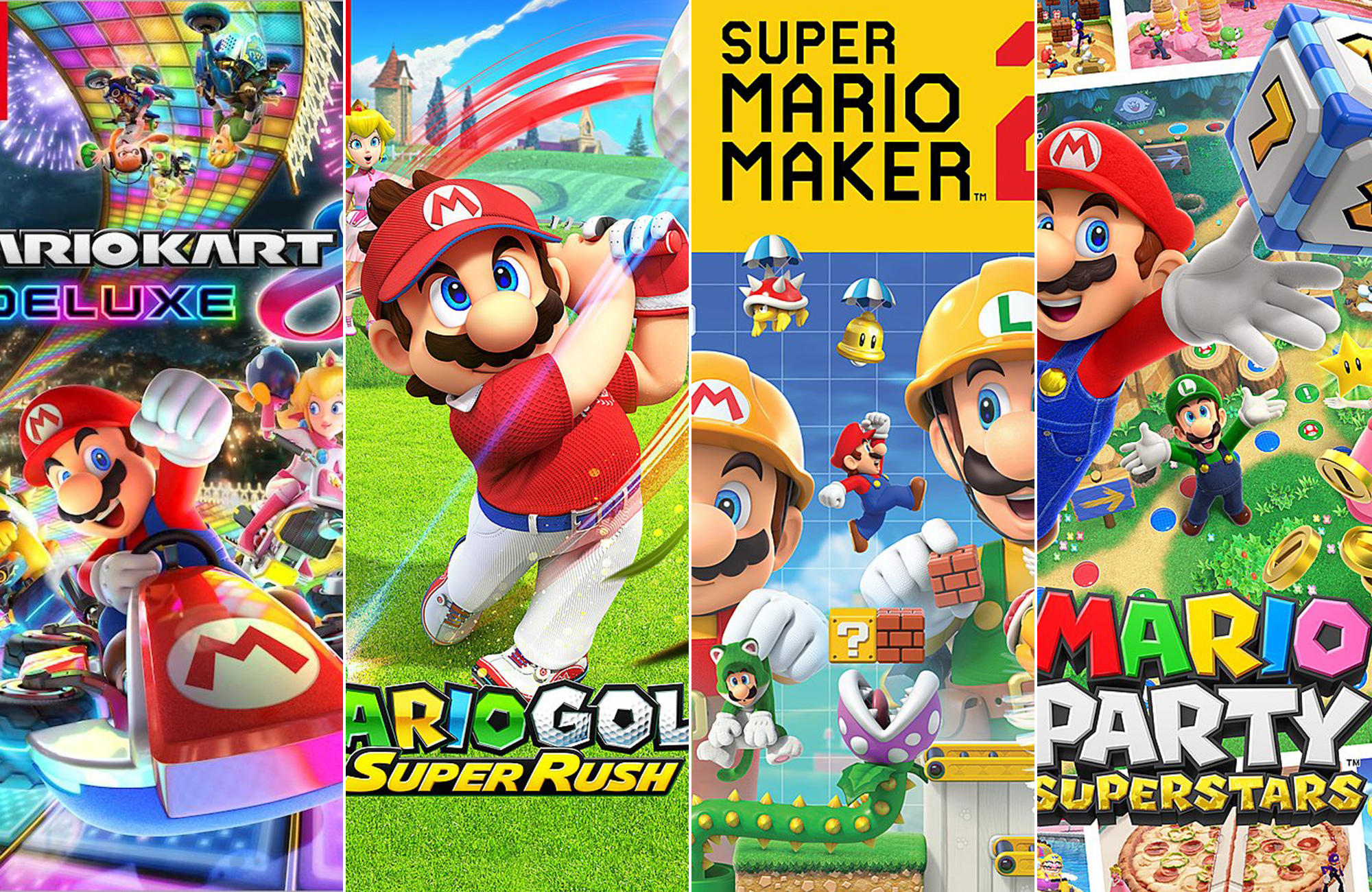 Mar10 deals on Nintendo Switch games. This is a compilation image of mario kart, mario party, mario maker, and mario golf