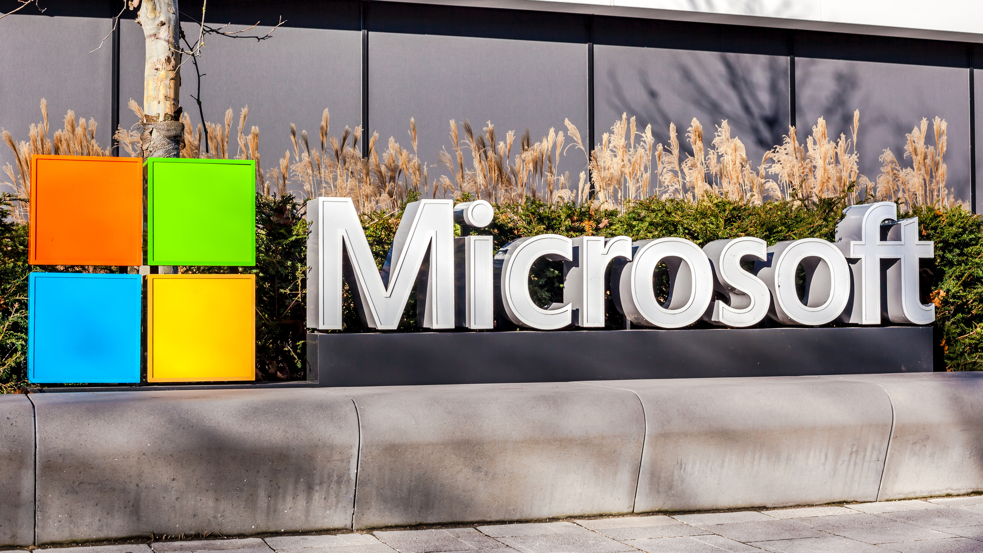 Microsoft logo outside office headquarters