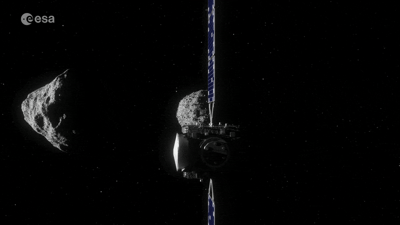 Hera space probe flying by Dimorphos asteroid in animation