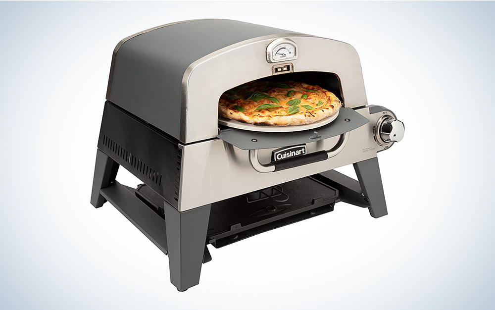 A Cuisinart pizza oven on a blue and white background