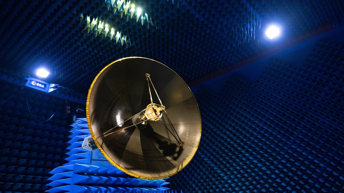 Hera asteroid space probe radio antenna in ESA lab