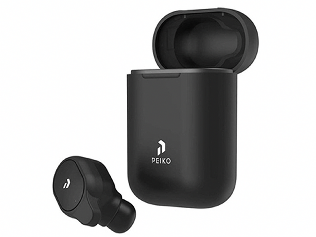 A pair of black translating earbuds on a white background.