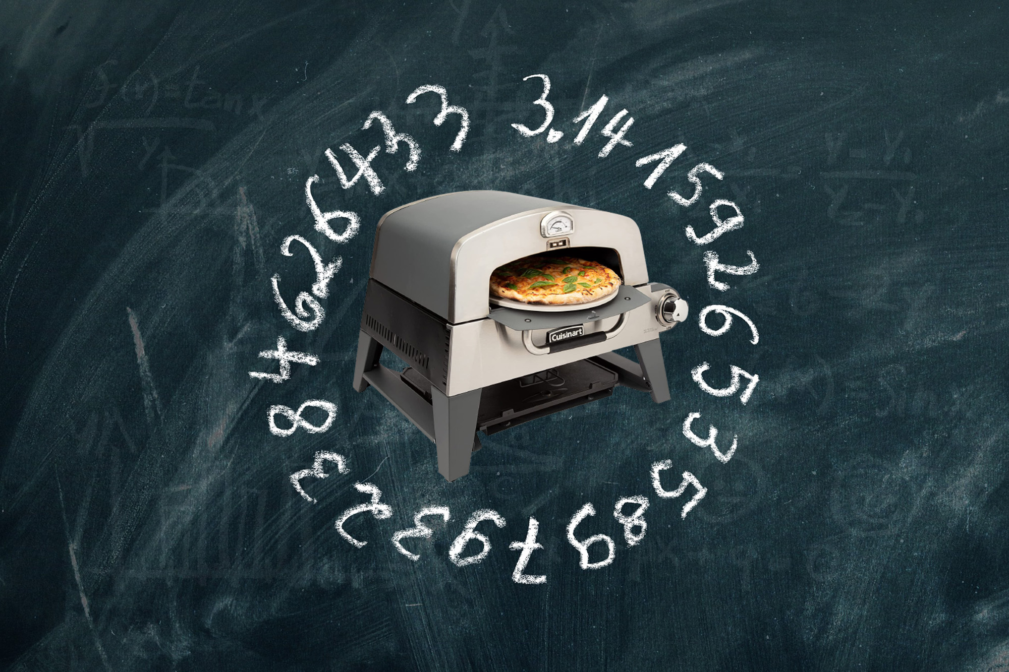 A pizza oven on a chalkboard surrounded by the numbers of Pi