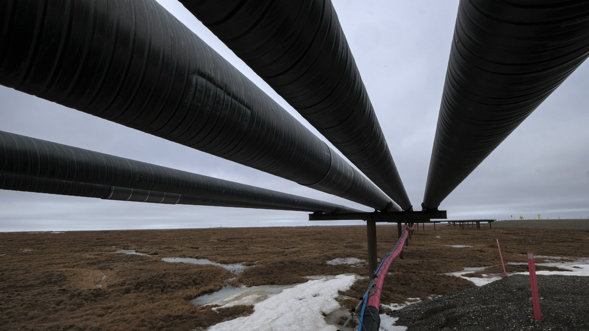 Oil pipelines stretch across the landscape outside Nuiqsut, Alaska, where ConocoPhillips operates the Alpine Field. The Biden administration on Monday approved the company's massive Willow project in the same area.