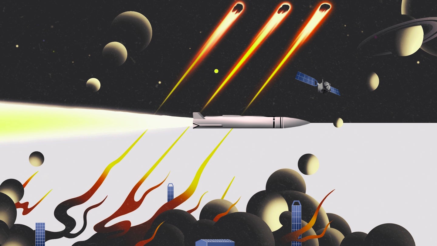 Rockets firing from the ground into a black sky with moons and flames. Illustrated.