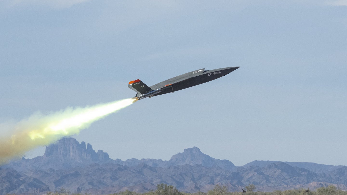 An XQ-58A Valkyrie drone seen launching in 2020 in Arizona.