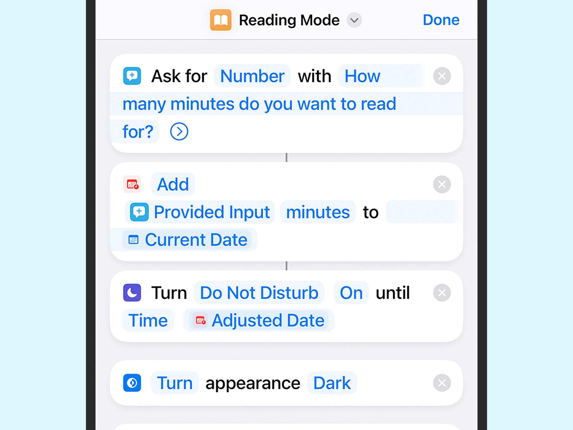 La scorciatoia della modalità di lettura iOS per l'app Scorciatoie per iPhone.