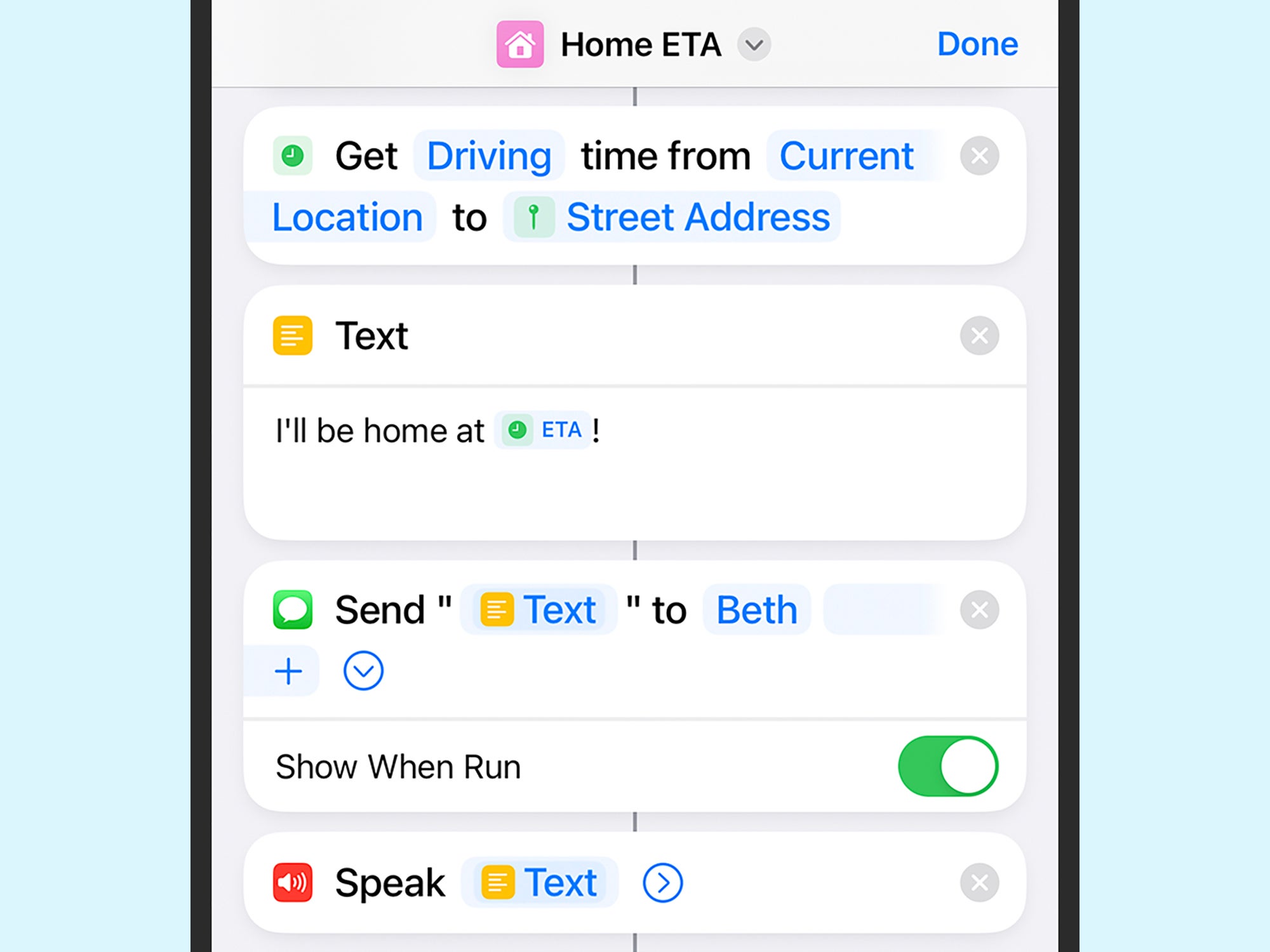 Инструмент ETA для приложения iPhone Shortcuts, который сообщает людям, когда вы приедете.