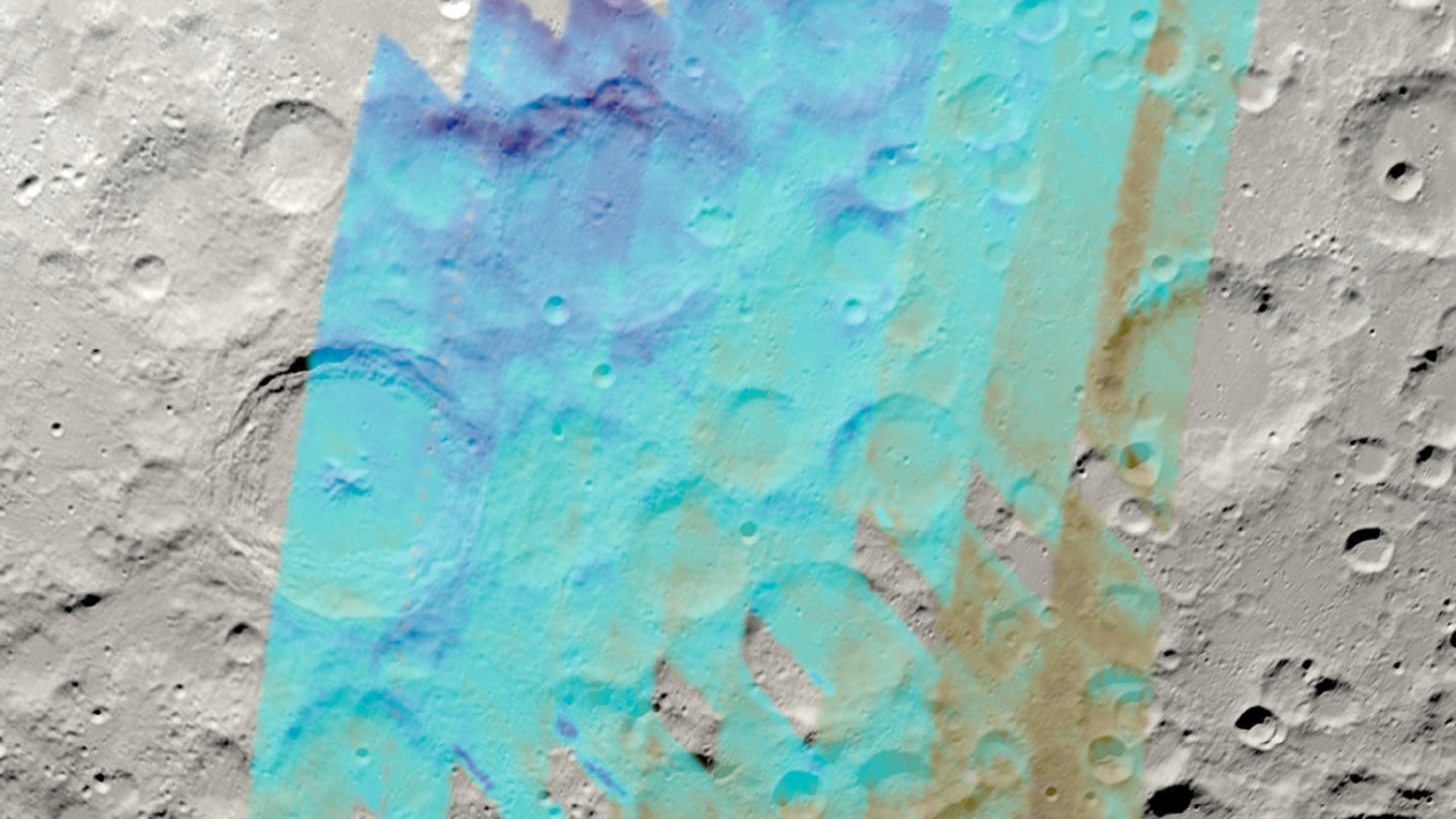 Water on the moon highlighted in varying shades of blue from NASA SOFIA data