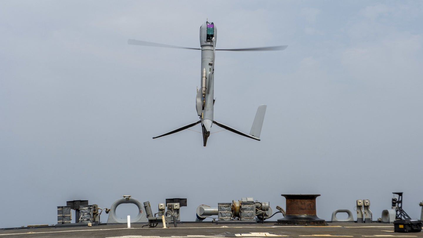 An Aerovel Flexrotor drone takes off from the guided-missile destroyer USS Paul Hamilton in the Arabian Gulf on March 8, 2023.