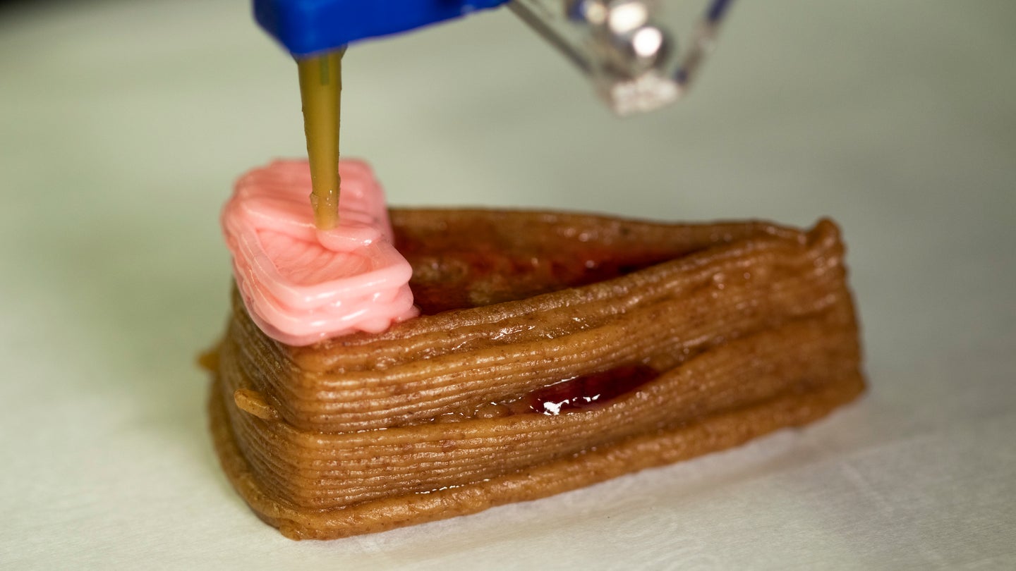 Strawberry frosting being deposited onto a layer of graham cracker paste as part of a seven-ingredient printed dessert