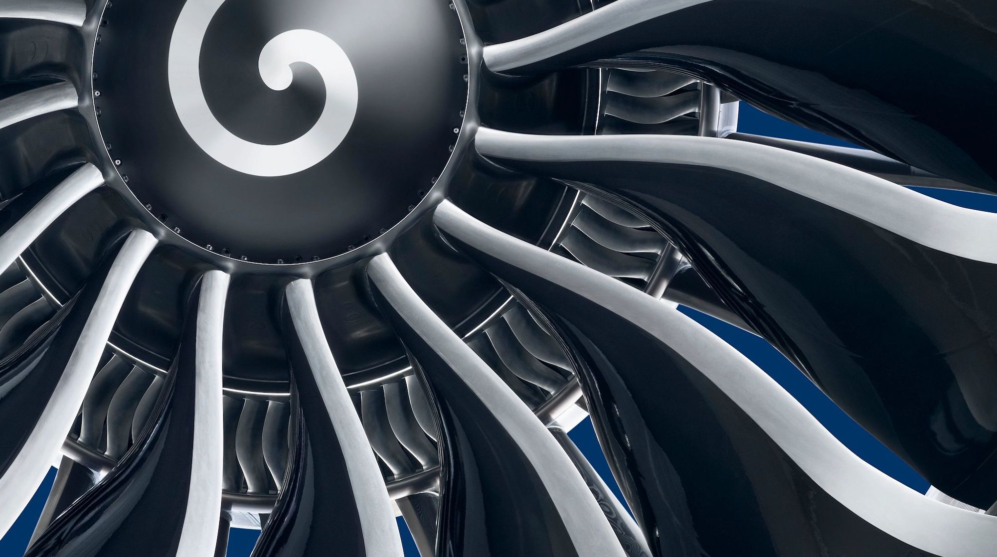 A close-up view of some of the fan blades on a GE9X engine.