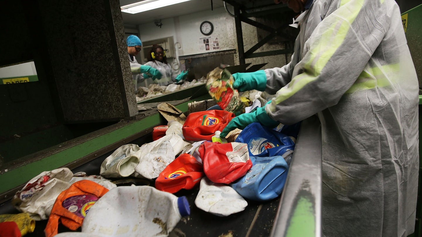 In 2015, recycling is sorted at the Sims Municipal Recycling Facility in New York City. 