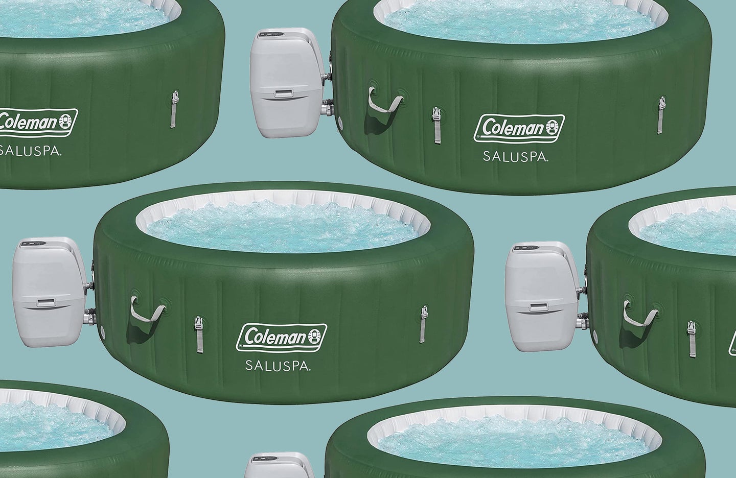 Multiple Coleman SalusSpa inflatable hot tubs on a blue background.