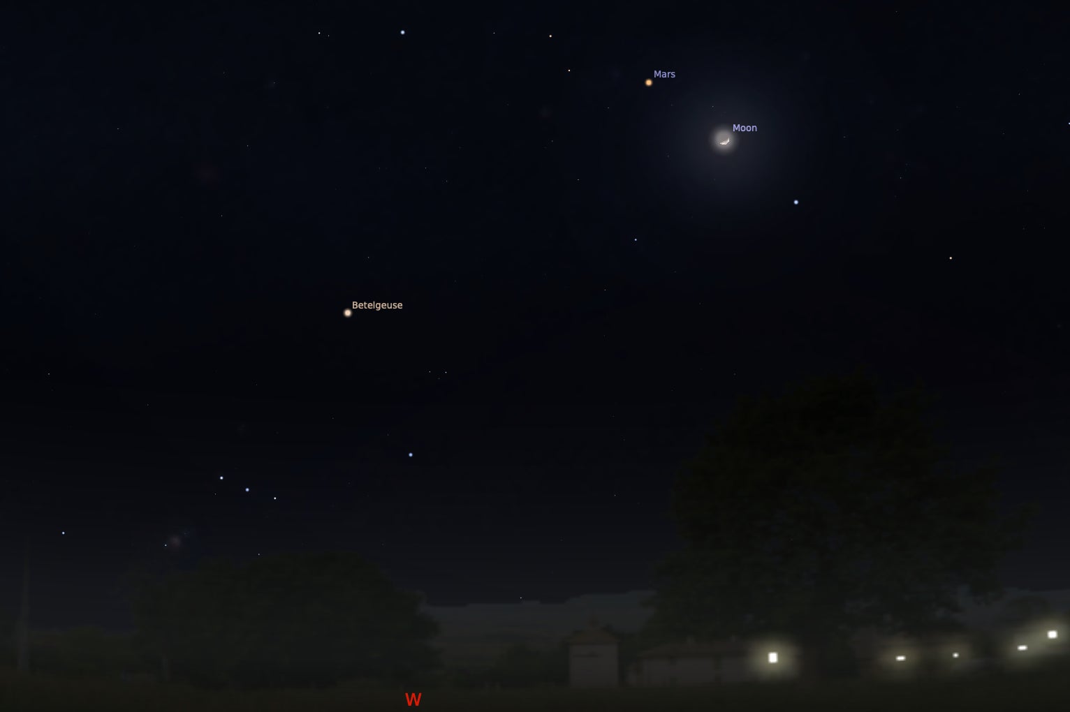 A horizon at night, with Mars and the Moon high in the sky and the star Betelgeuse to their left, as they will appear in the planetary alignment of Tuesday, March 28, 2023.