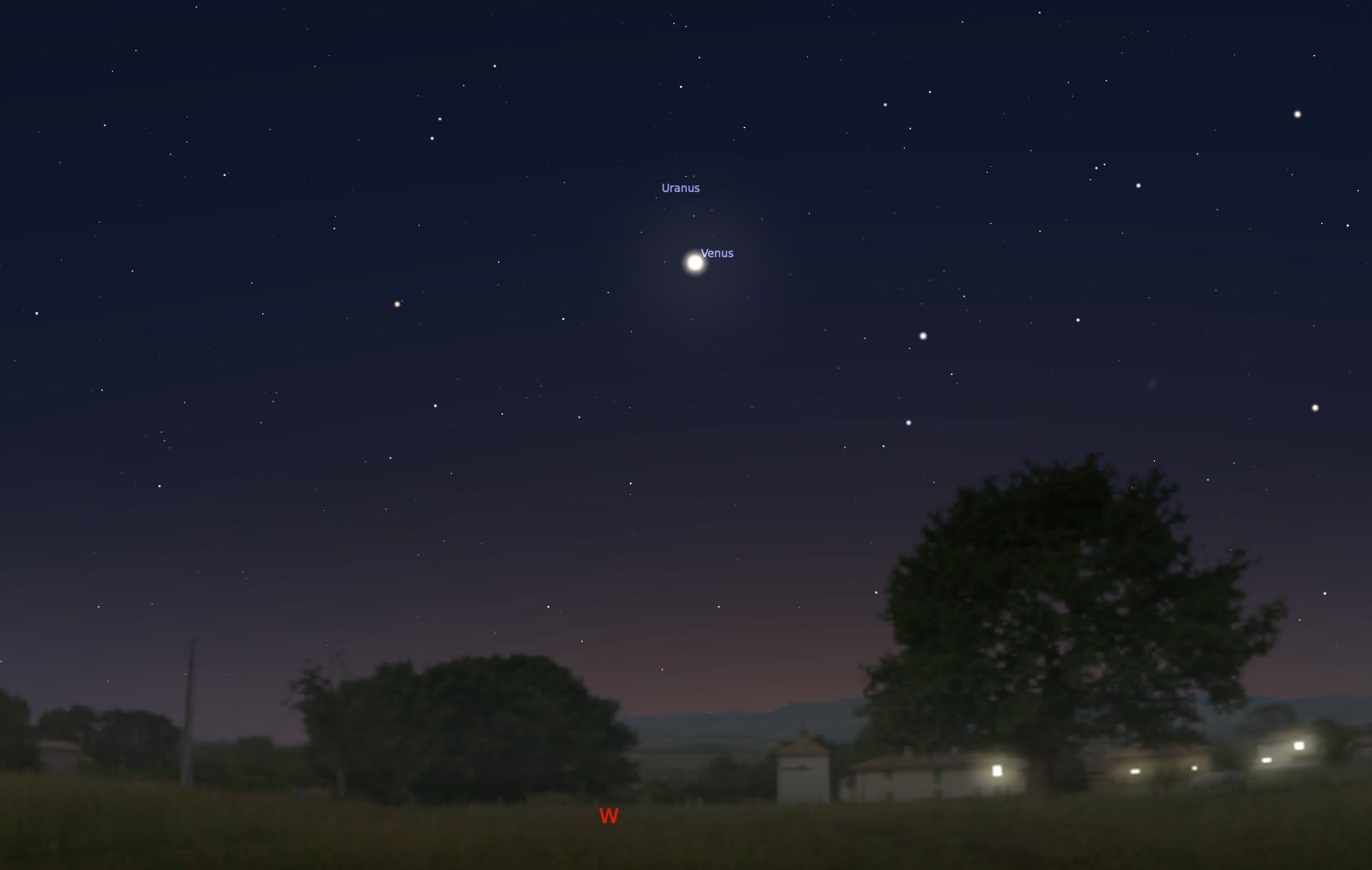 A horizon at night, with Venus high up in the sky and Uranus just above it, as they'll appear in the Tuesday, March 28, 2023 planetary alignment.