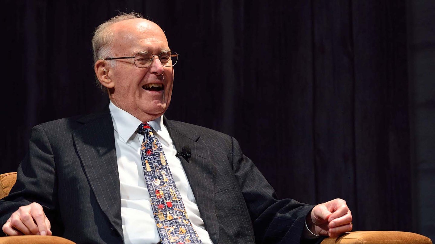 Intel co-founder Gordon Moore laughing in 2015 during 50th anniversary of Moore's Law