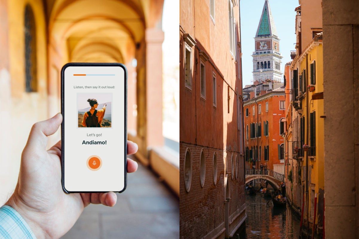 A person using the Babbel app using it in a foreign city.