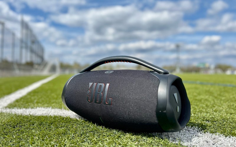 JBL Boombox 3 party speaker on a soccer field