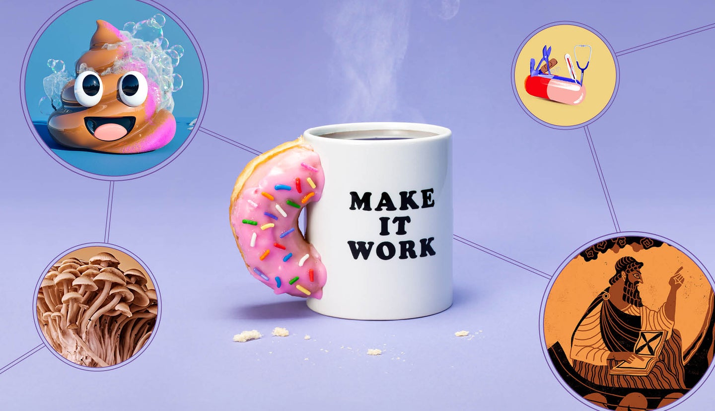 Different images from Popular Science Spring 2023 issue on a purple background. From left: a soapy poop emoji, a pill with multiple tools popping out, a group of Roman builders with Poseidon, beech mushrooms. At the center is a mug with a pink frosted donut in place of its handle with the text "Make It Work."