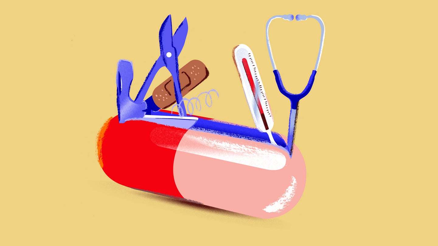 Red and pink pill on yellow background with Swiss army knife coming out of it to symbolize off-label use of medications. Illustrated.