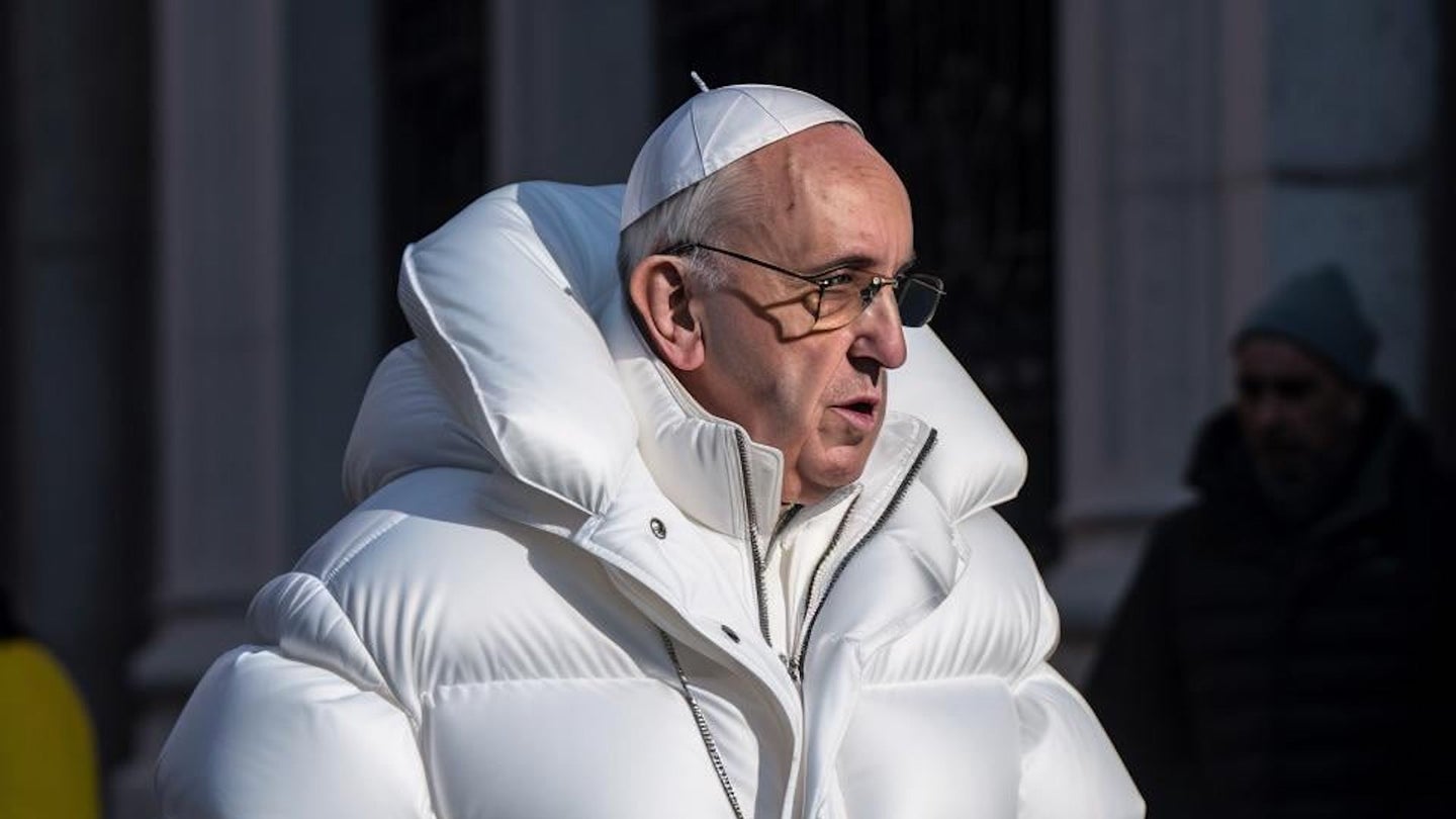 Midjourney fake image of Pope Francis wearing white puffer jacket