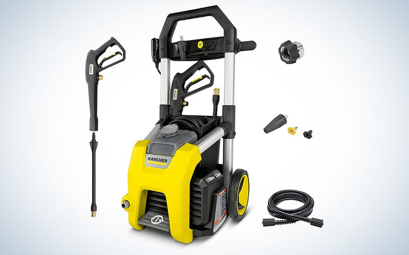 A Karcher power washer on a blue and white background