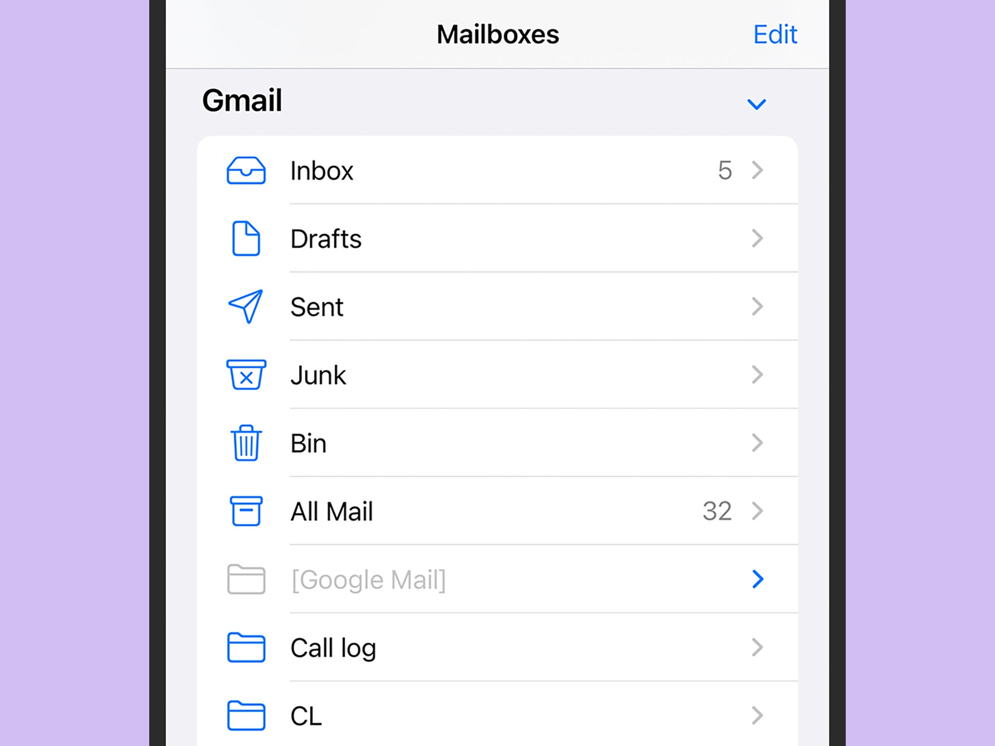 Почтовый ящик Gmail в приложении Apple Mail на iPhone.