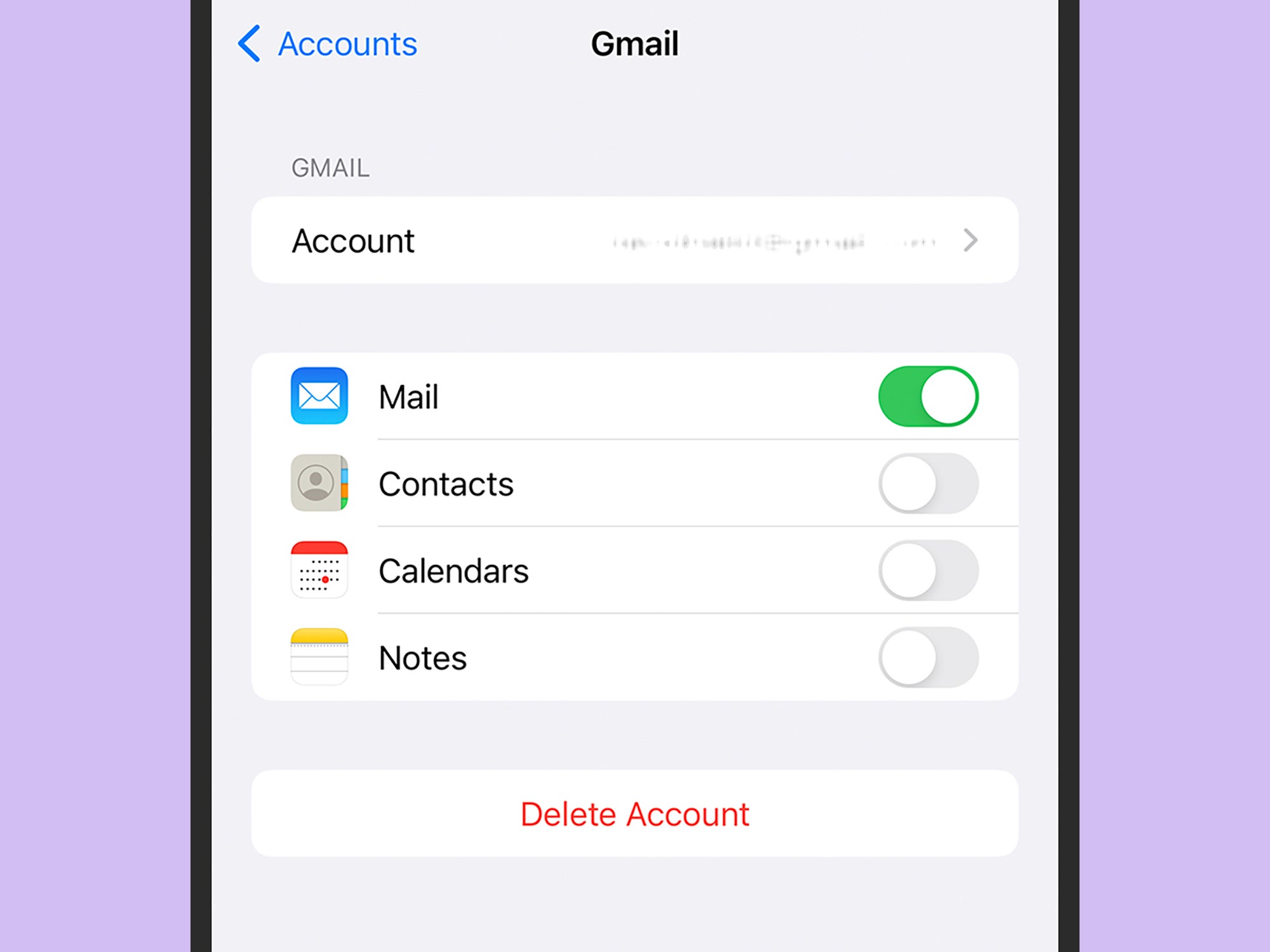 The options for deleting your Gmail account on an iPhone.