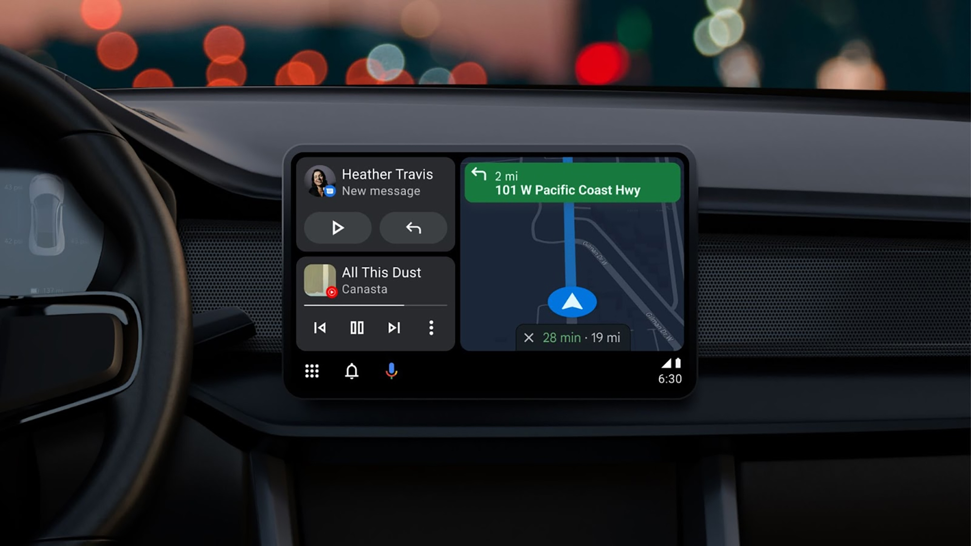 Car dashboard screen showing Android Auto's new interface with Google Maps.