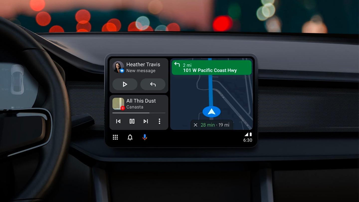 Car dashboard screen showing Android Auto's new interface with Google Maps.