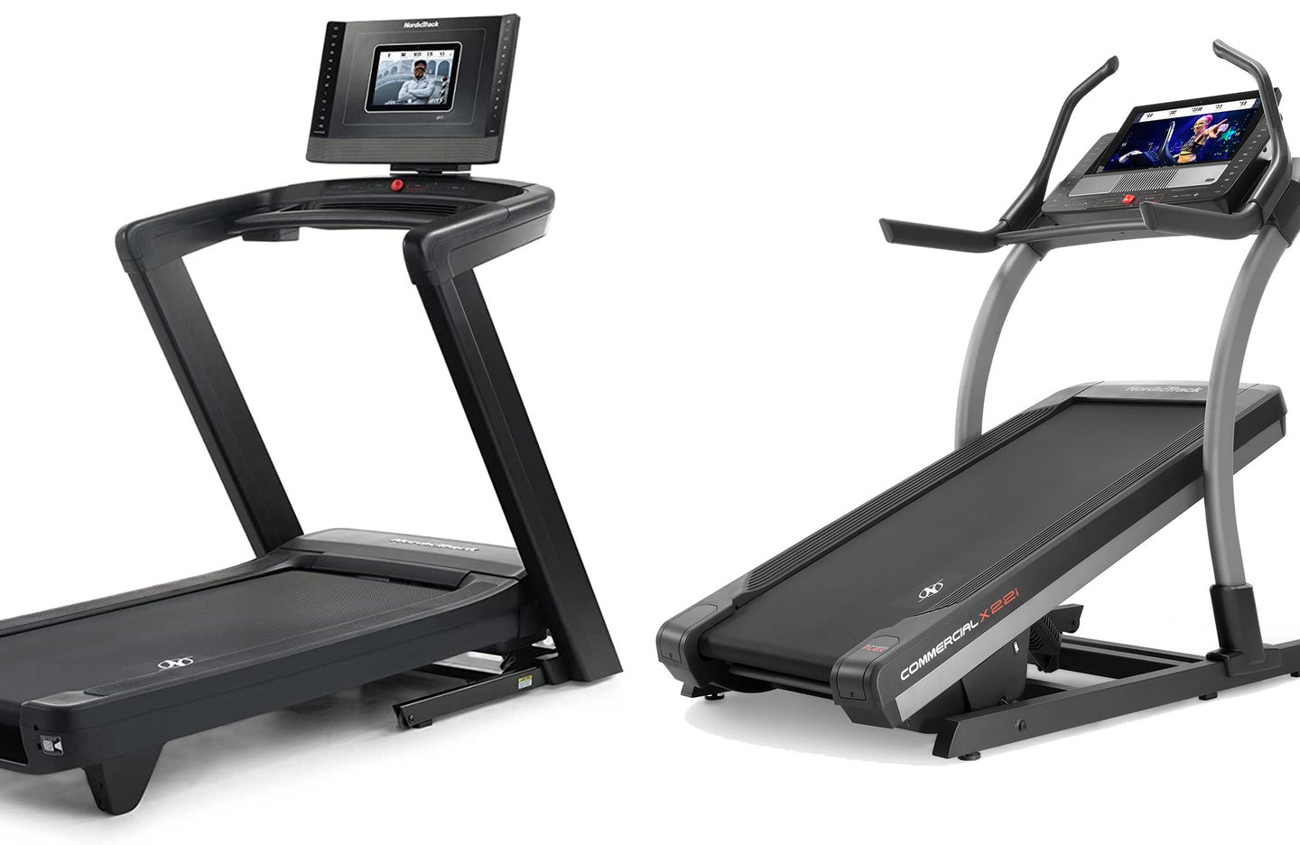 Two NordicTrack treadmills next to each other on a plain background.
