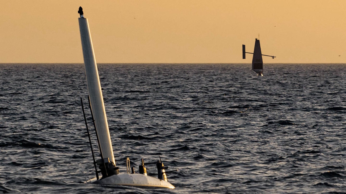Colombia is not the only country experimenting with electric uncrewed boats. Above, an Ocean Aero Triton drone (left) and a Saildrone Explorer USV. These two vessels were taking part in an exercise involving the United Arab Emirates Navy and the US Navy in February, 2023.