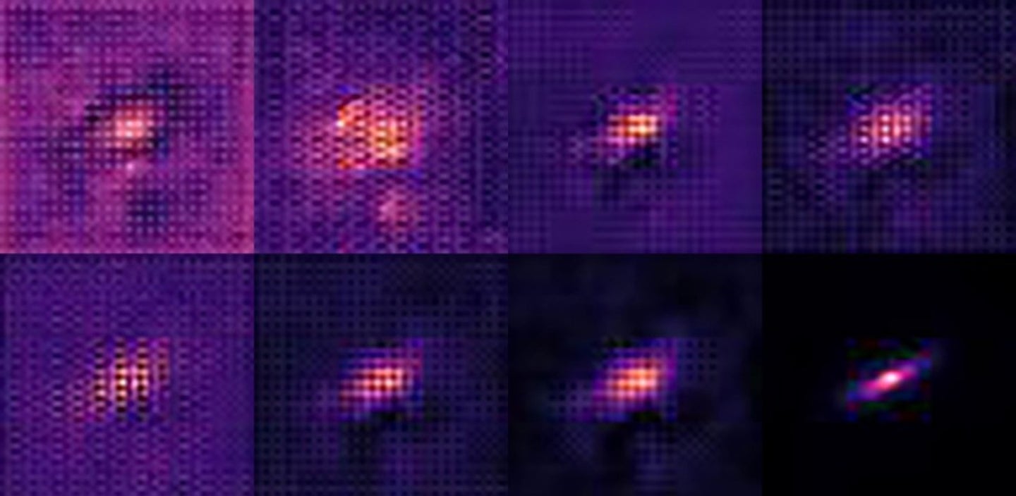 Comparison images of galaxy gaining better resolution via AI program