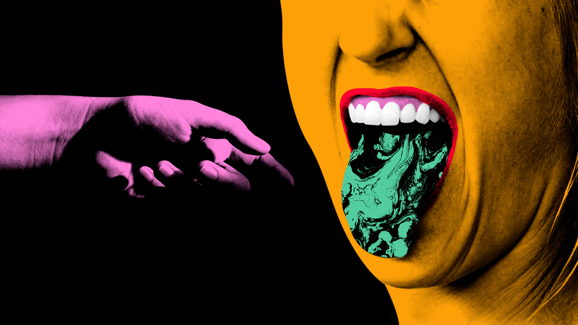 A purple hand reaching to touch a green tongue of an orange person with their mouth open frowning because they're tasting something digsuting
