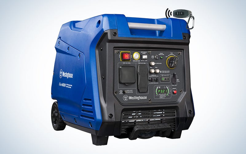 A blue Westinghouse 4500 inverter generator on a blue and white background