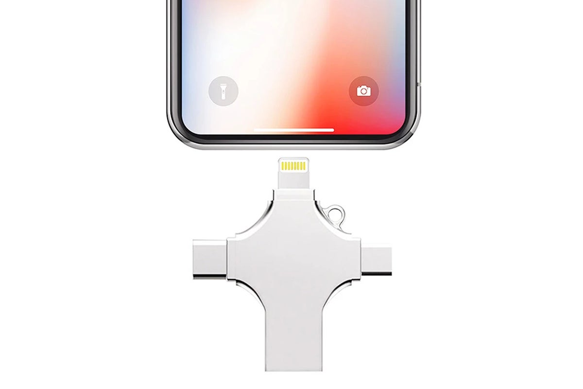 A smart flash drive plugged into a iPhone charging port