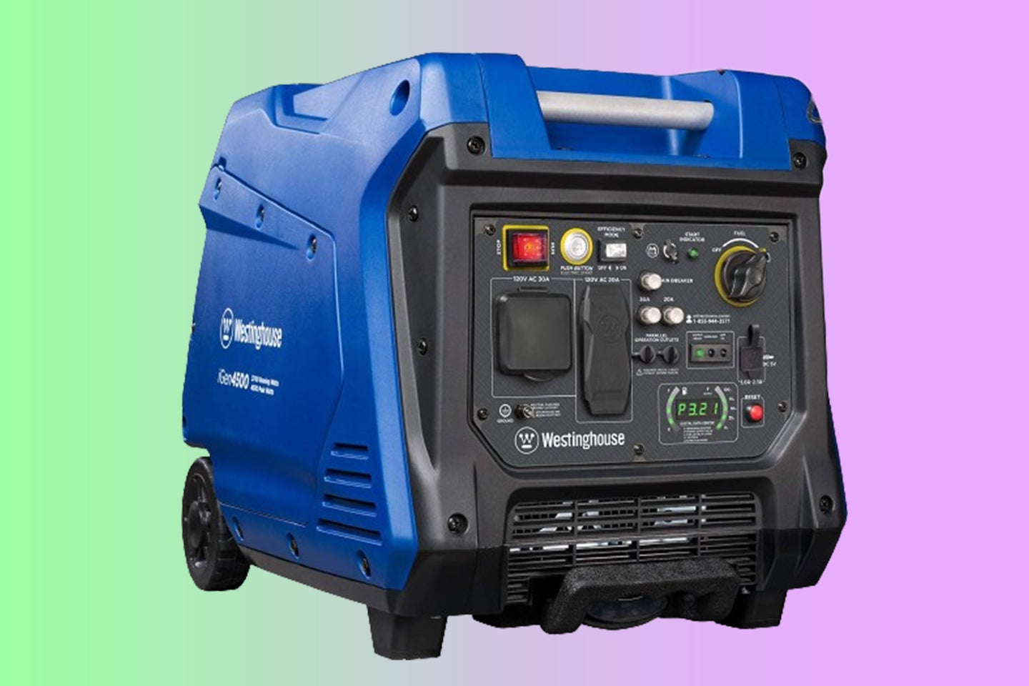 A blue Westinghouse inverter generator on a pink and green background