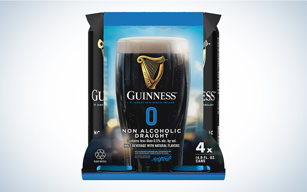 A pack of Guinness NA beer on a blue and white background