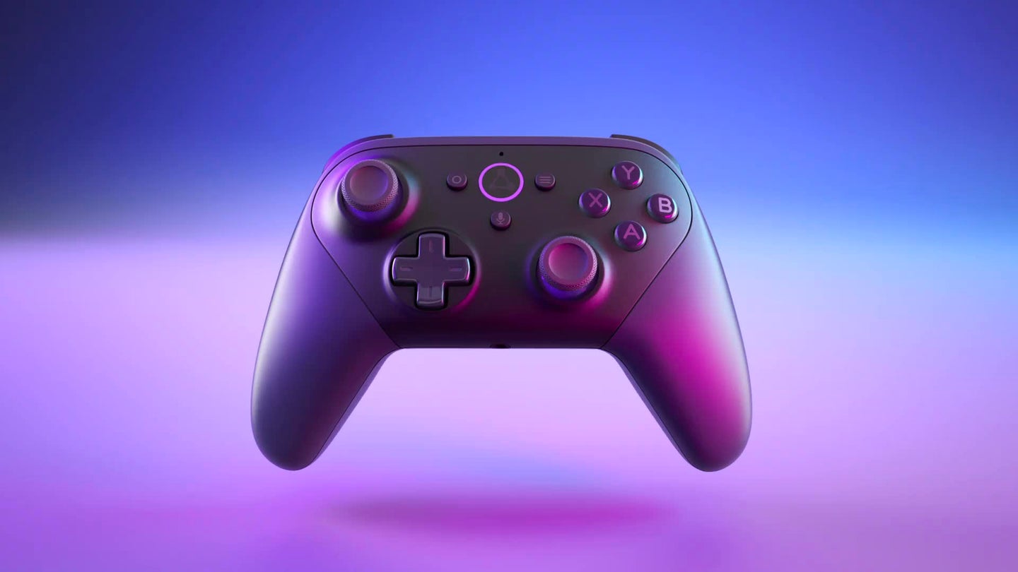 Amazon Luna controller hovering in front of a purple background.