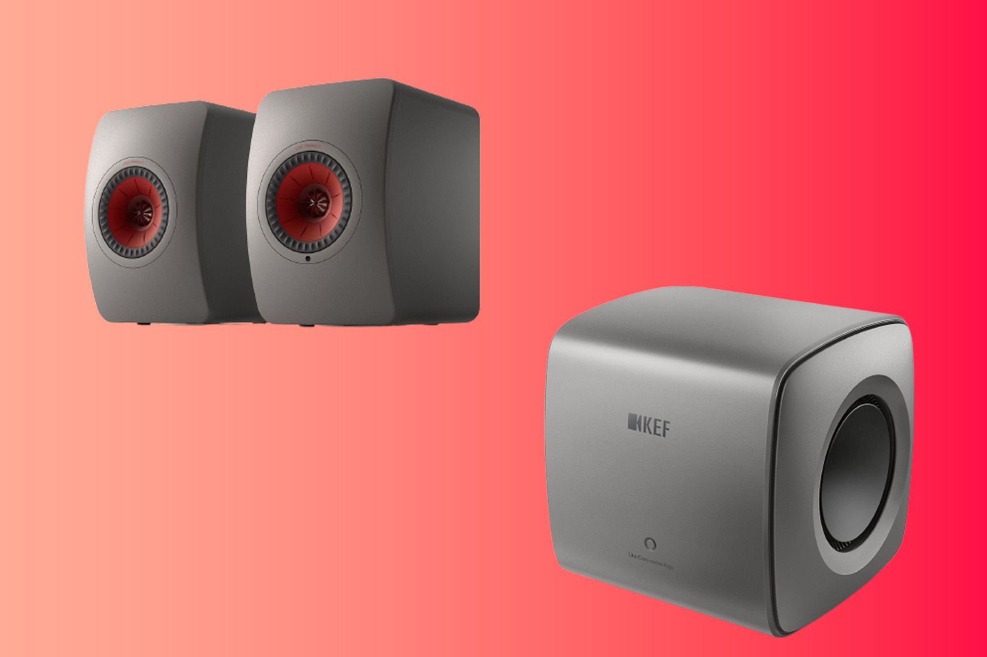 A KEF LS50 Wireless II speakers and KEF KC62 subwoofer on a red gradient background