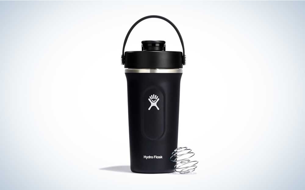 A black Hydro Flask shaker bottle on a plain background.