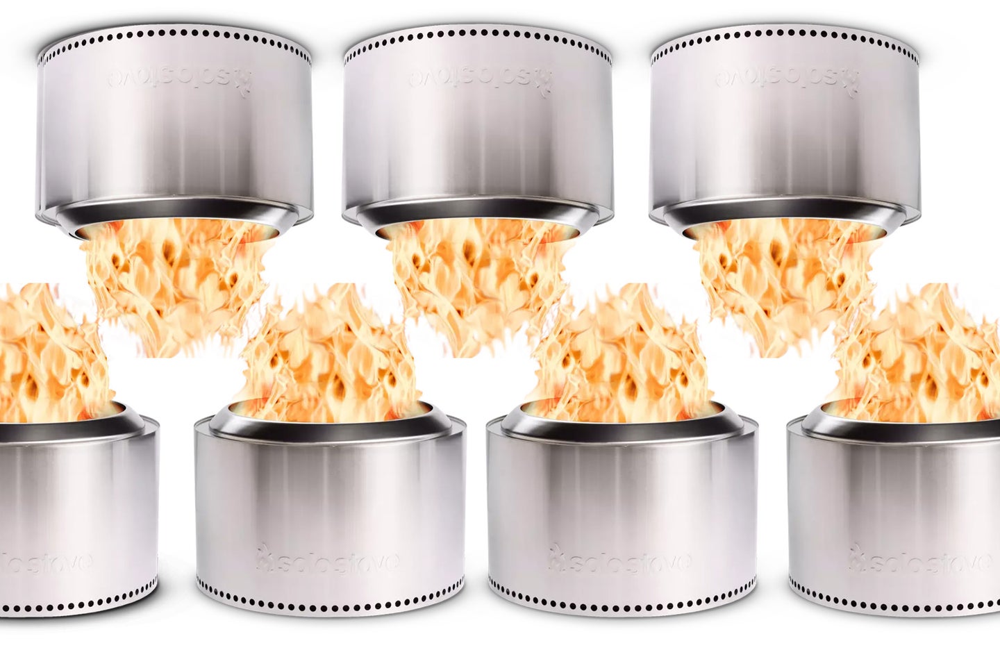A bunch of Solo Stoves on a plain background. Some are upside down.