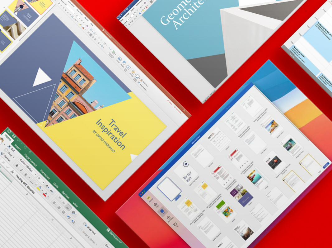 Screenshots of microsoft office products on a red background.