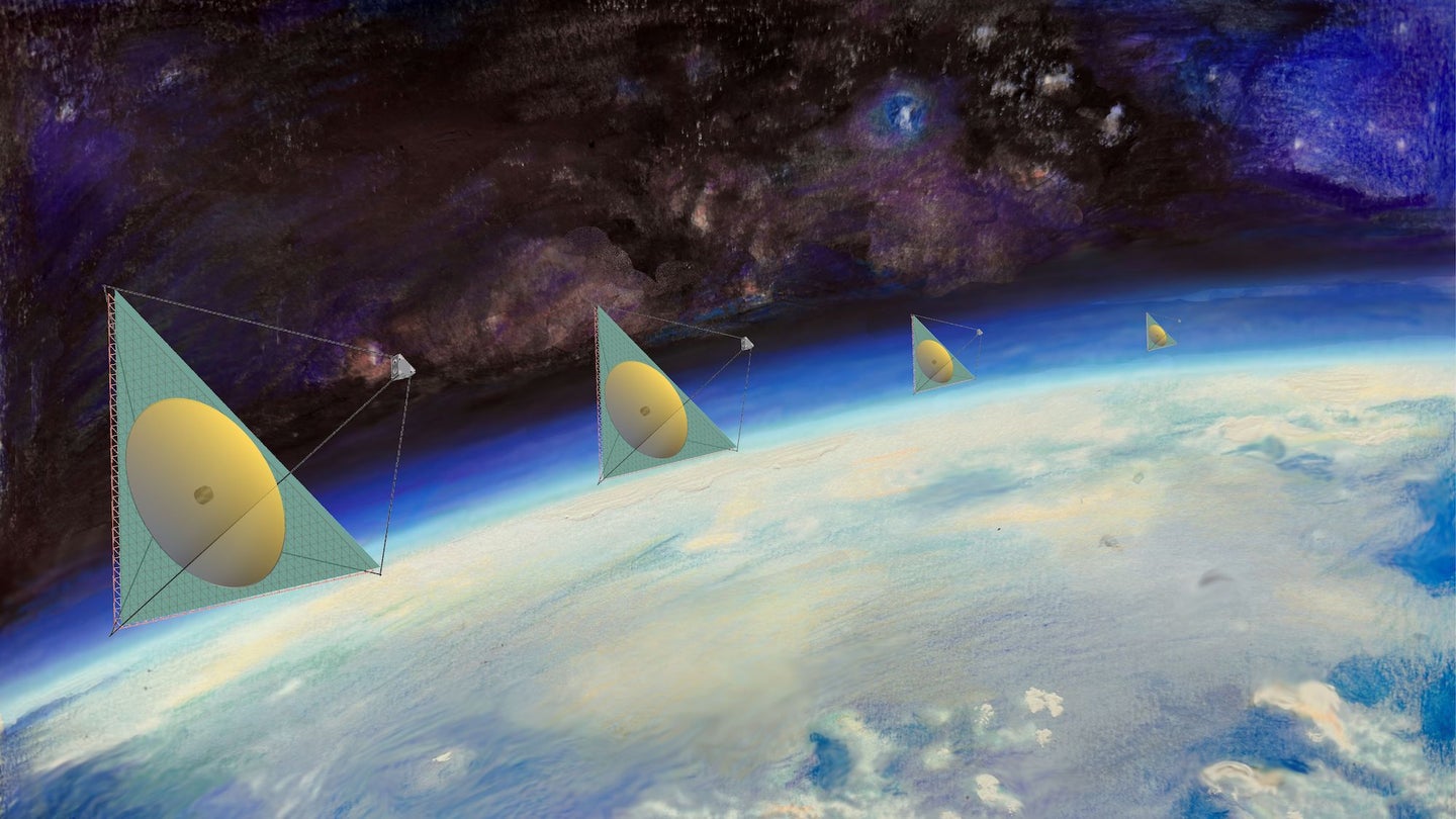 Illustration of space telescope array using mirror membranes above Earth