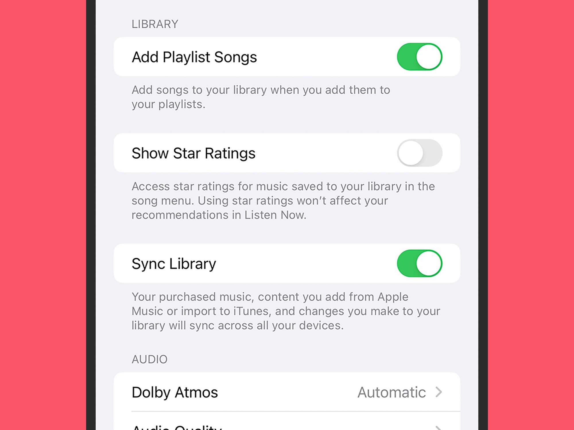 The iPhone settings for Apple Music Classical.